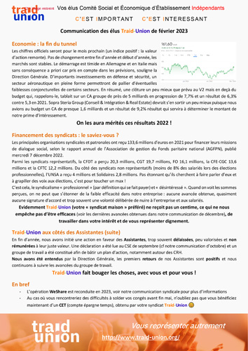 Communication février 2023 des élus Traid Union SSG