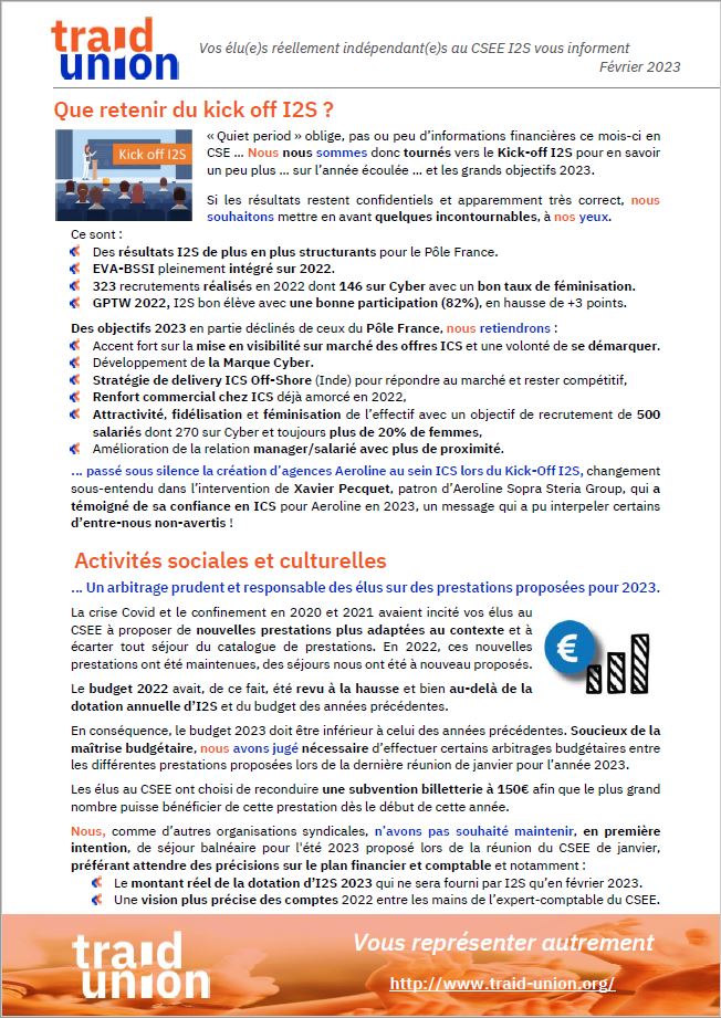 2023 02 Communication mensuelle des élus Traid Union I2S