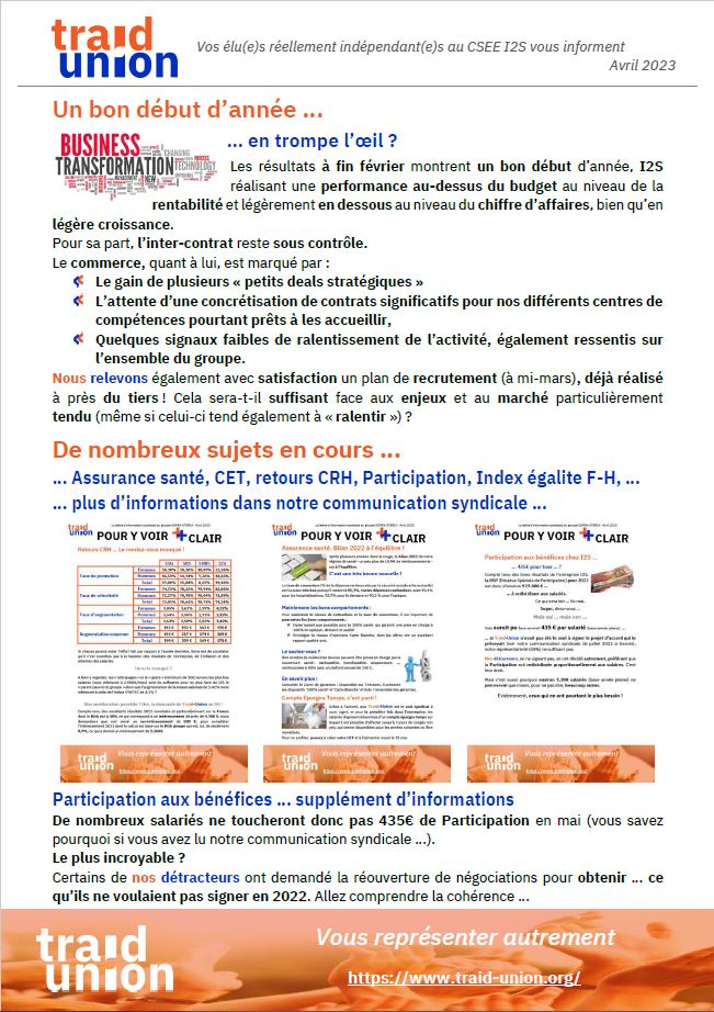 2023 04 Communication mensuelle des élus Traid Union I2S