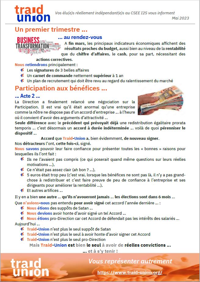 2023 05 Communication mensuelle des élus Traid Union I2S