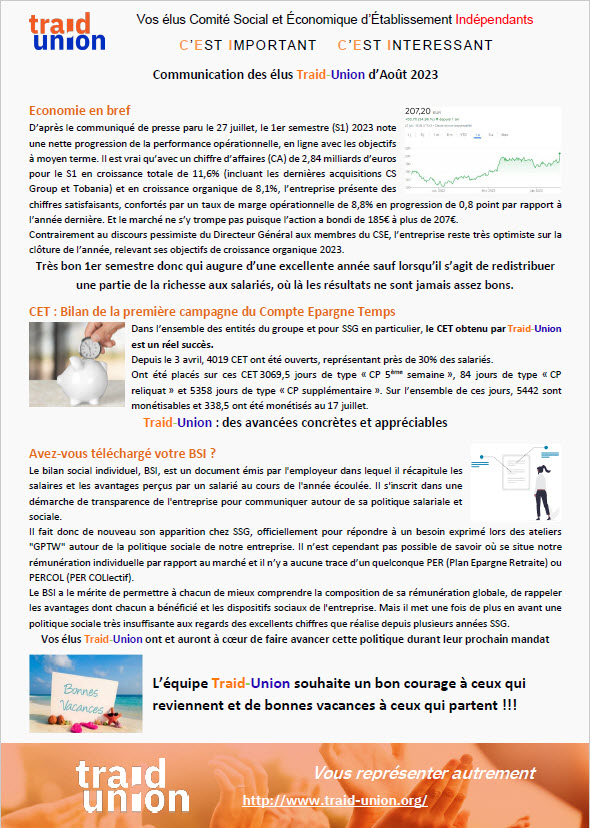 2023 08 Communication mensuelle des élus Traid Union SSG