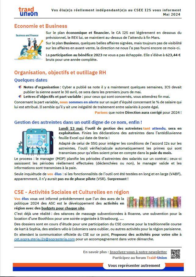 2024 05 Communication mensuelle des elus Traid Union I2S