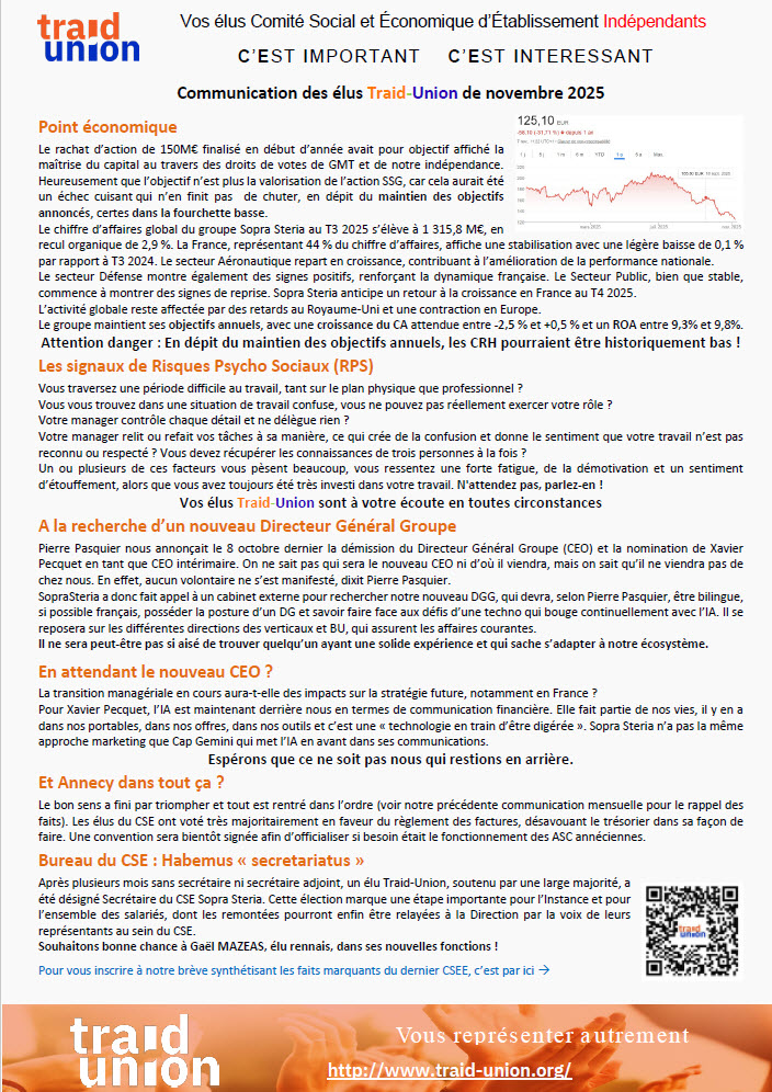 2025-11 – Communication mensuelle des élus Traid Union SSG